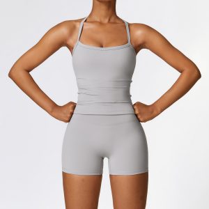 Light Grey Seamless Yoga Set - Halter Tank & High Waist Biker Shorts