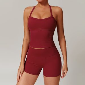 Wine Red Buttery Soft Yoga Set - Halter Top & High Waist Shorts