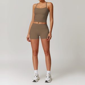 Olive Brown Casual Yoga Outfit - Seamless Halter Tank & Shorts