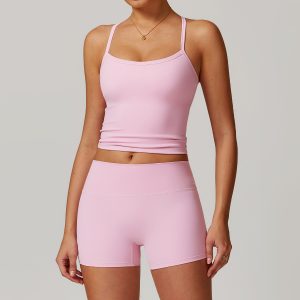 Pink High Waist Yoga Set - Halter Sports Top & Biker Shorts