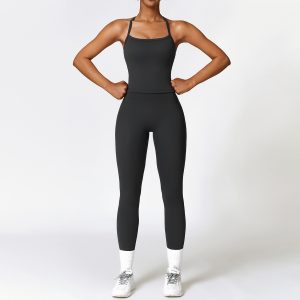 Black High Waist Yoga Leggings Set - Buttery Soft Halter Tank & Leggings