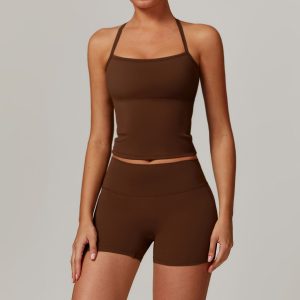 Chocolate Brown Seamless Activewear Set - Halter Tank & Shorts