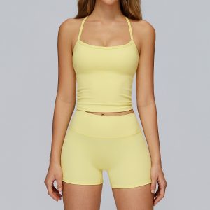 Bright Yellow 2-Piece Yoga Set - Seamless Halter Tank & High Waist Shorts