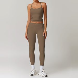 Olive Brown Neutral Yoga Outfit - Seamless Halter Tank & Leggings