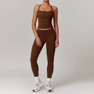 Chocolate Brown Seamless Workout Set - Halter Tank & High Waist Leggings
