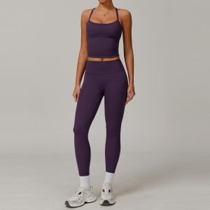 Dark Purple Seamless Yoga Set - Halter Sports Top & High Waist Leggings